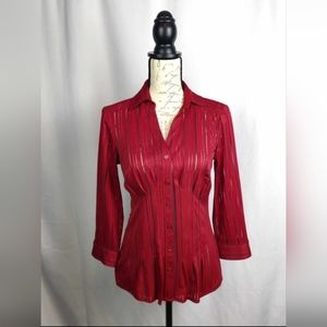 Notations Red Sheer Button Down Long Sleeve Blouse Size S